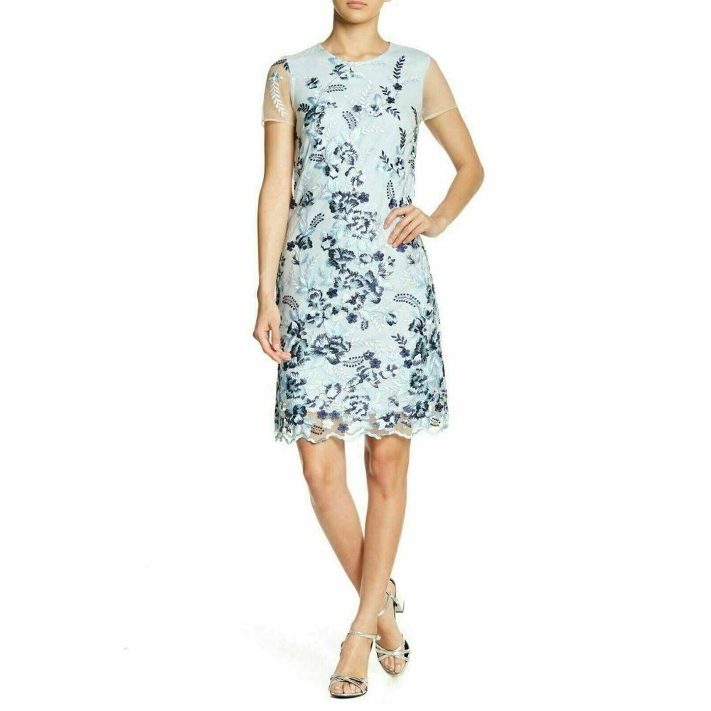 DONNA RICCO Blue Cap Embroidered Blue Overlay Dress NWT